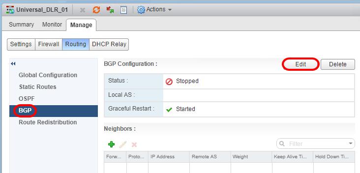 Configure the ULDR for BGP BGP must be enabled and the RegionB0_Perimeter_GW must be added as a neighbor 1. Click BGP 2.