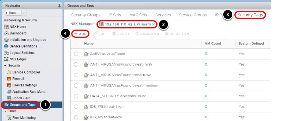 Navigate to NSX Managers 1. Click Groups and Tags 2. Select 192.168.110.42 Primary 3.