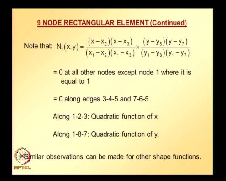 Similarly, N 2 and the rest and the properties that we have seen for 4 node quadrilateral element the shape functions for these nine node rectangular elements also satisfies.