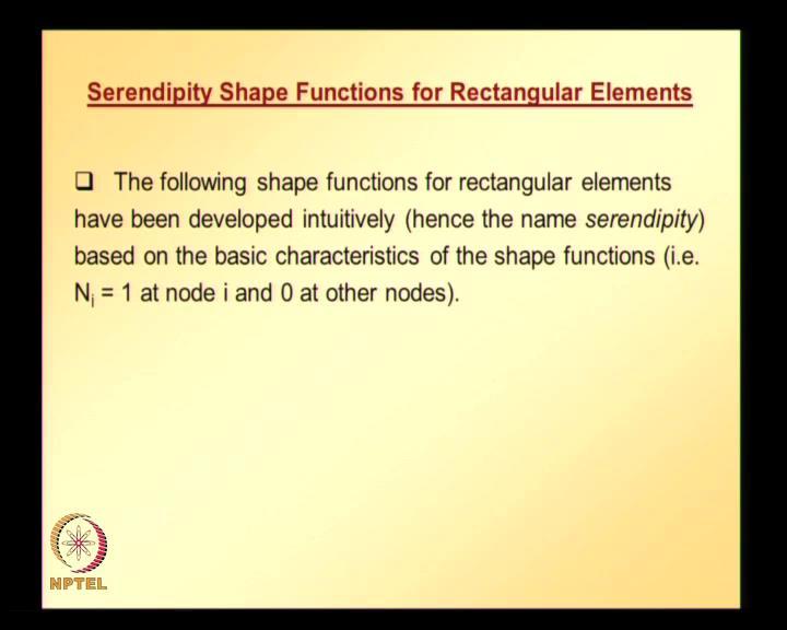 (Refer Slide Time: 38:56) So, now let us look at those elements serendipity shape functions for rectangular elements.
