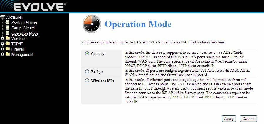 3.3 Operation mode Gateway:(default) In this mode, the device is supposed to connect to internet via ADSL/Cable Modem.