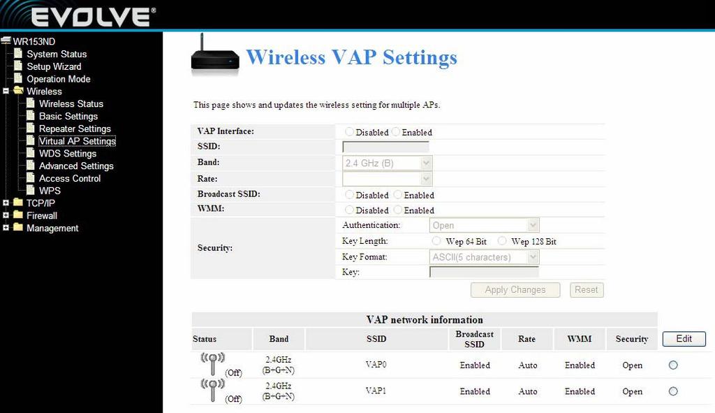 4.2.4 Virtual AP settings This page shows and updates the wireless setting for multiple Aps 4.2.5 WDS Settings Wireless Distribution System uses wireless media to communicate with other APs, like the Ethernet does.