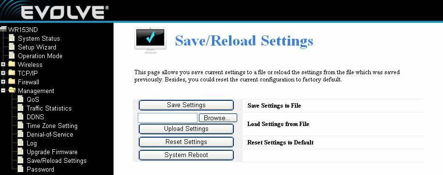 4.5.7 Save/Reload settings This page allows you save current settings to a