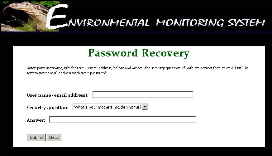word Recovery Screen The word Recovery Screen allows the user to reset their password in the event that it is lost