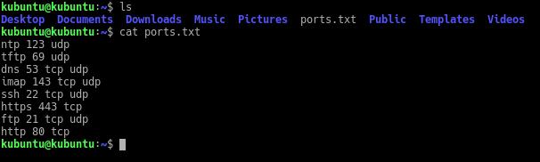 1.2 Working With Files Echo command can also help you with creating text files. Enter the following commands: echo ntp 123 udp > ports.txt echo tftp 69 udp >> ports.txt echo dns 53 tcp udp >> ports.