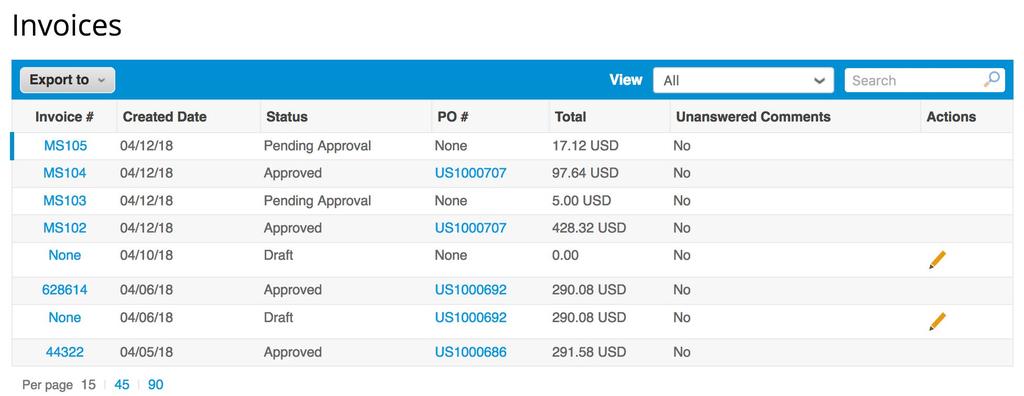 Approved status indicates the invoice has been processed for payment. 2. Draft invoices have not been submitted to Morningstar and can be edited by clicking on the pencil icon in the Actions column.