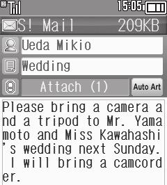 Sending Messages Attaching Files Send attachments to compatible handsets. Follow these steps to attach images to S! Mail: 1 In S!