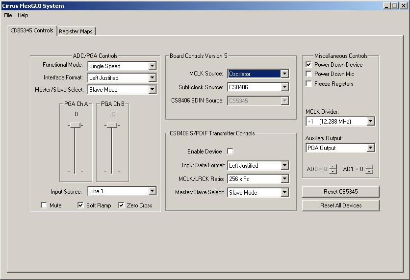 3. PC SOFTWARE CONTROL The CDB5345 is shipped with a Microsoft Windows based graphical user interface which allows control over the CS5345, CS8406, and FPGA.