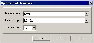 SYSCON 6.3 - User s Manual Figure 5.1. Open Default Template Dialog Box Choose the manufacturer from the list. Then, select the device type and the device revision.