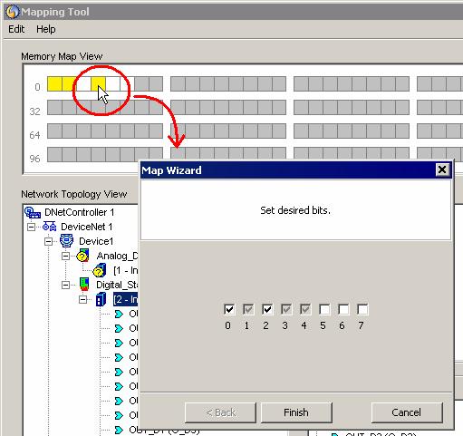 Tutorial: Mapping Tool Editing Digital Bits On the Memory Map View area, click the bit mapped as a digital I/O point to open the Map Wizard dialog box.