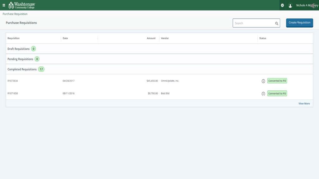 Dashboard: Create, Track, & Manage Requisitions Create new Requisitions Search for and copy
