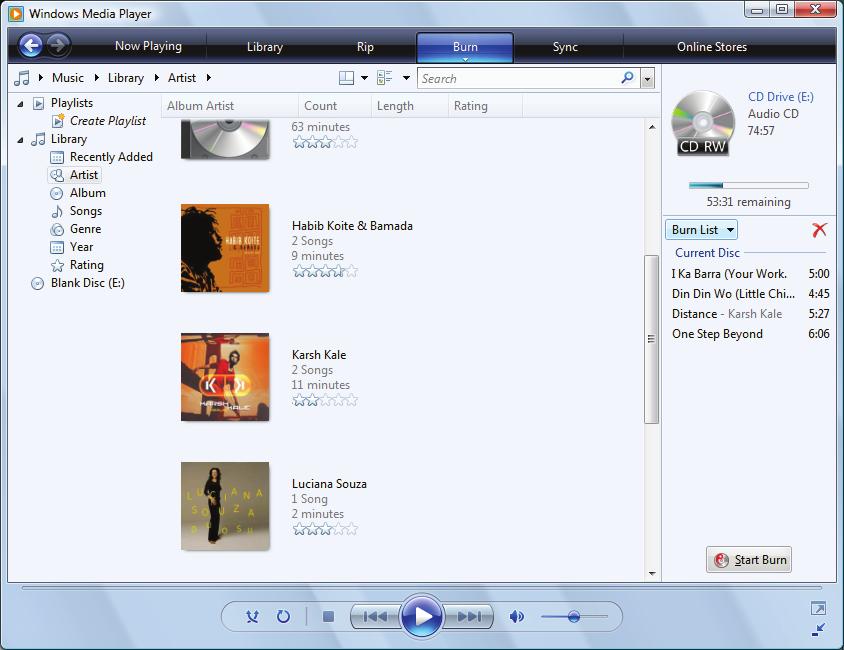CHAPTER 4: Playing and Creating Media Files 5 Click the Burn tab, then click and drag songs that you want to burn to CD from the Library to the Burn List. Library 6 Click Start Burn.