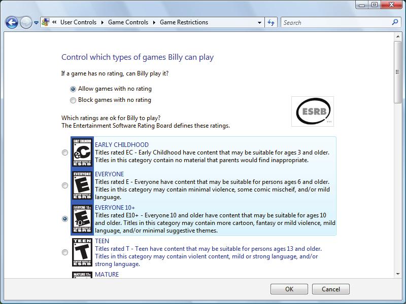 CHAPTER 7: Customizing Windows 3 Click Set game ratings. The Game Restrictions dialog box opens. 4 Click the level of games you want allowed, then click OK. The settings are saved.