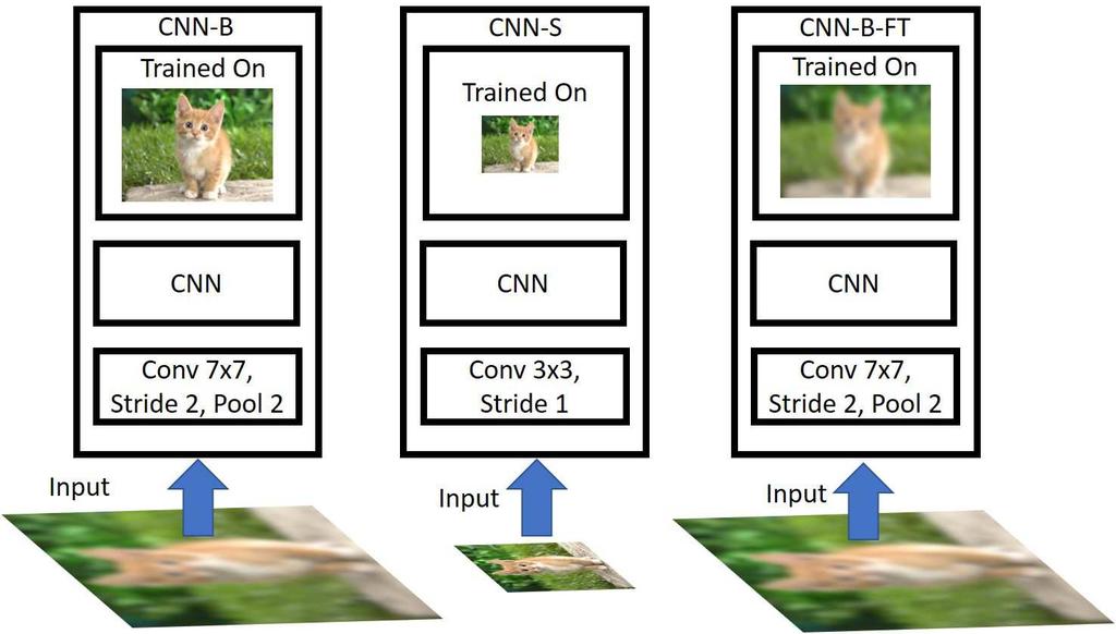 CNN-S is trained on low resolution images. CNN-B-FT is pretrained on high resolution images and fine-tuned on upsampled low-resolution images. ResNet-101 architecture is used.
