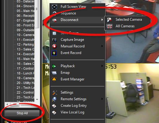 13 Client Workstation Software Disconnecting Cameras Disconnecting a Camera Select a video window by right clicking on the desired window on the display, hover over Disconnect, and select Selected
