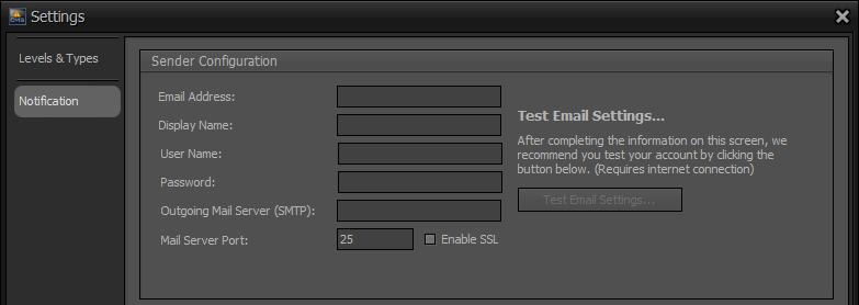 Event Manager 50 Sender Configuration Sender Configuration Enter the information in the Sender Configuration section to correspond with your SMTP server. Click the Test Email Settings.