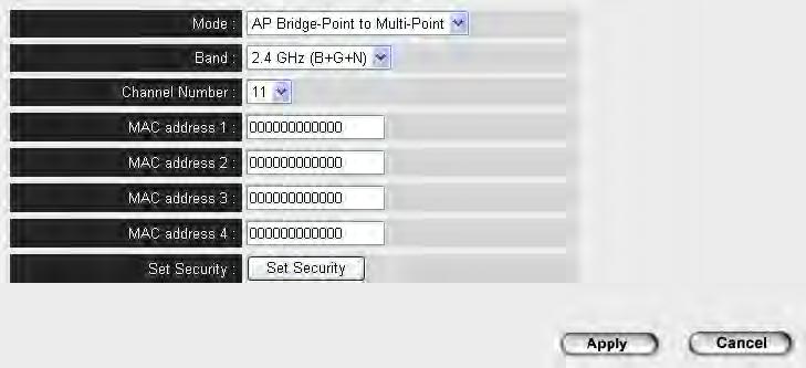 2-4-4 AP Bridge-Point to Multi-Point Mode In this mode, this wireless access point will connect to up to four wireless access points that use the same mode, and all wired Ethernet clients of every