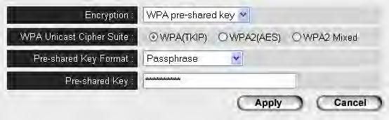 2-7-3 WPA Pre-shared Key WPA Pre-shared key is currently the safest encryption method, and it s recommended to use this encryption method to ensure the safety of your data.