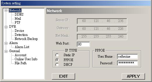 System setting includes: Network, DDNS, Account, Online User, Alarm, Mail, FTP, Alarm Database, File Path, Device, Detection, Camera, and Toolbox.