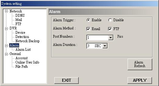 Alarm Alarm Trigger: Enable or disable Email and FTP notification function. Alarm Method: Two selections Email or FTP.