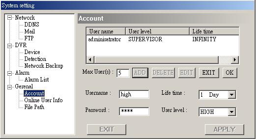 Account Set up the user s account ( Max 5 accounts), password, life time, and authority level ( Max 5 accounts on line at the same time).