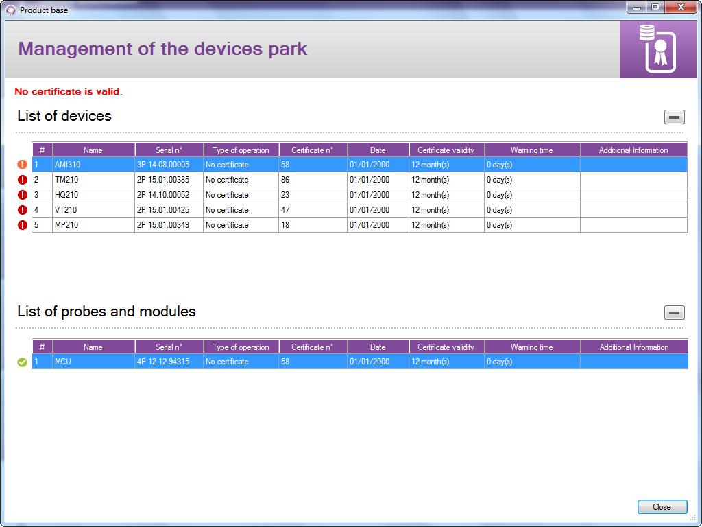 8 Manage the devices park The management of the devices park enables to manage the certificates of all the devices, probes and modules which have been connected to the "Datalogger".
