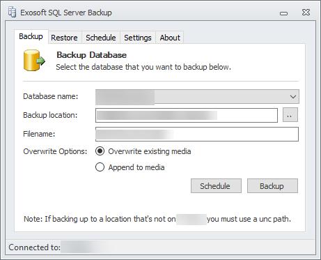 Exsft Backup Manager can backup and restre databases n a specified schedule.