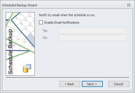 At the end f the wizard after yu have specified the backup frequency, yu can set up an email ntificatin t g t tw different email addresses when the backup schedule is run as