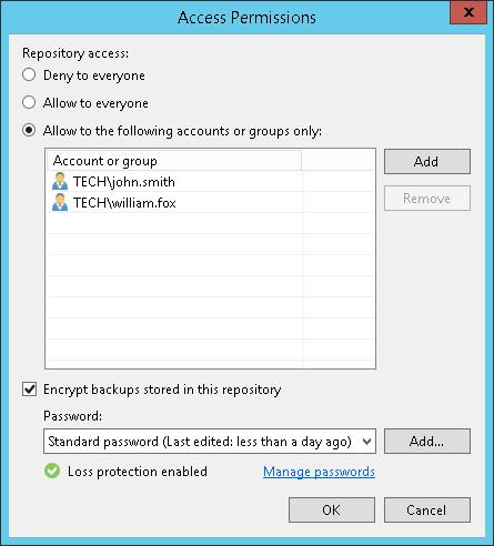 5. If you want to encrypt Veeam Agent for Linux backup files stored on the backup repository, select the Encrypt backups stored in this repository check box and choose the necessary password from the