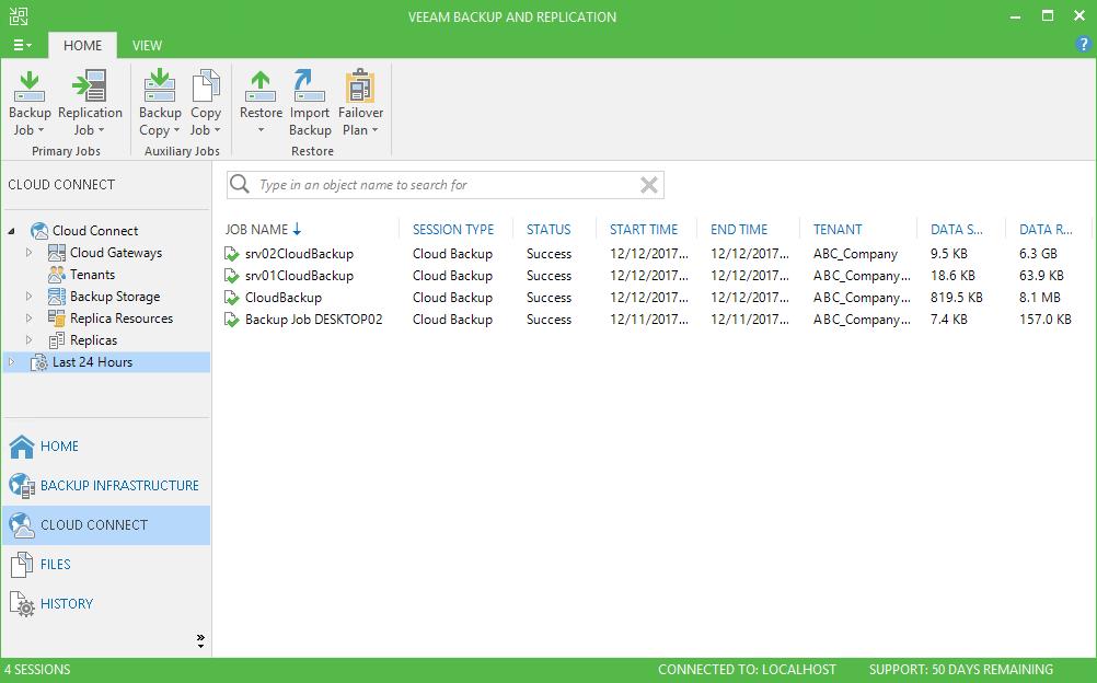 Veeam Agent Backups on Service Provider Side The service provider can view information about backup and restore sessions performed by Veeam Agent users within the last 24 hours period.