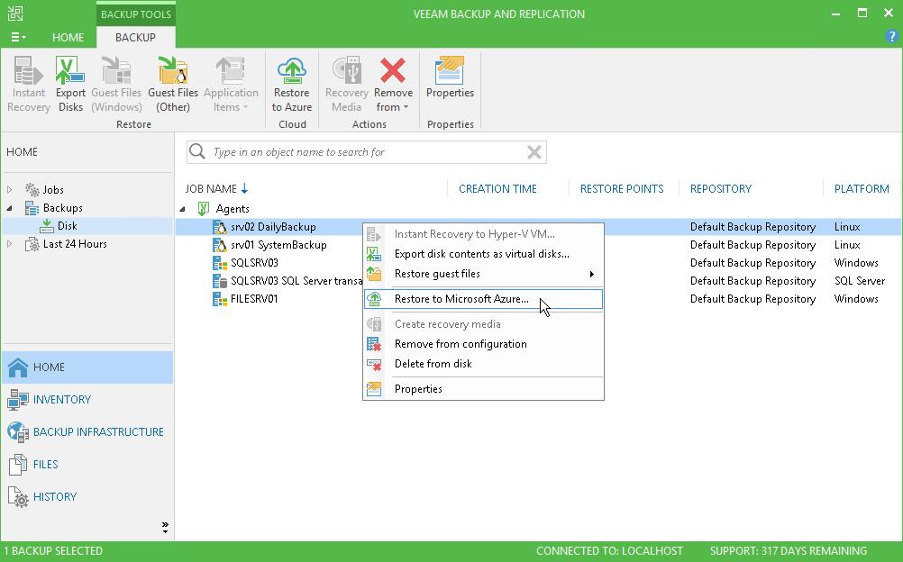 Restoring to Microsoft Azure You can restore Linux machines from Veeam Agent backups to Microsoft Azure.