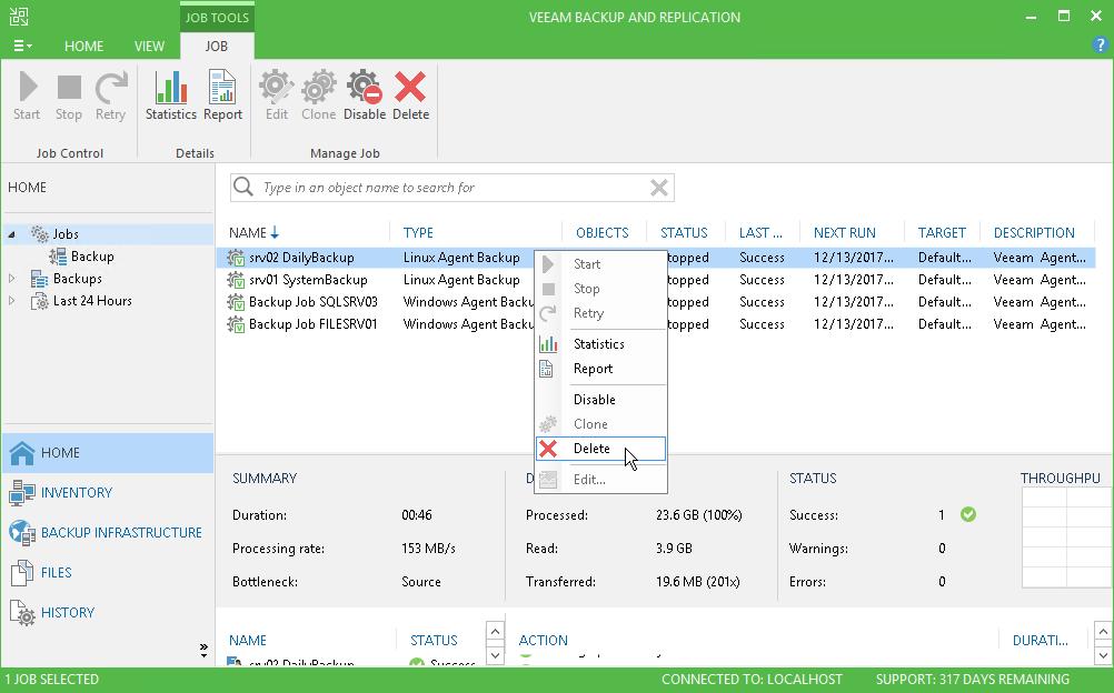 Deleting Veeam Agent Backup Jobs You can delete Veeam Agent for Linux backup jobs.