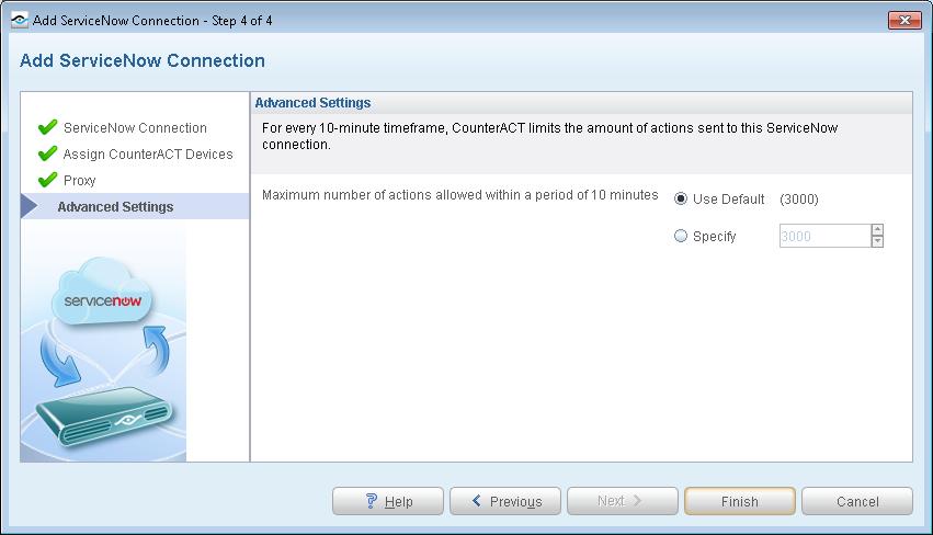 Maximum number of actions allowed within a period of 10 minutes Addresses the rate limiting. This means CounterACT has to limit the number of actions sent to this ServiceNow instance.