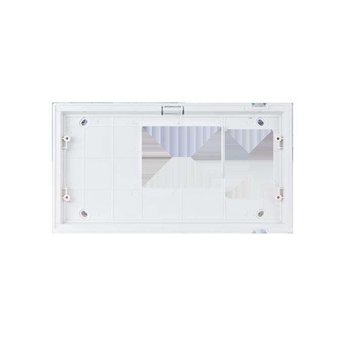 Dimensions: 212x115x50mm 6817 FLUSH-MOUNTED BOX FOR MAXI MONITOR Flush-mounted box in black ABS. Dimensions: 212x115x50mm Wall support for Maxi monitor. White. Dimensions: 216x117x16 mm.
