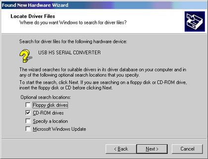 (Figure 12) 4) Windows will automatically locate the driver, for example, e:\drivers\windows 2000_server 2003_xp_vista x32\ftdibus.inf. Click on the Next button to continue (Figure 13).