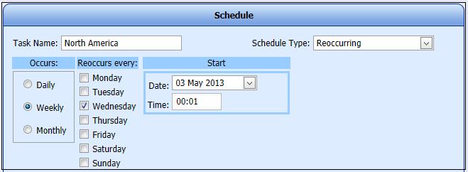 Occurs Weekly Figure 6 Add Schedule Occurs Weekly Options When the user selects the Weekly option on the Occurs panel, the screen will expand to allow