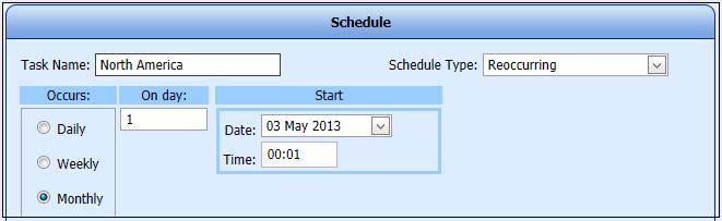 Occurs Monthly Figure 7 Add Schedule Occurs Monthly Options When the user selects the Monthly option on the Occurs panel, the screen will present the