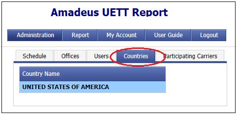 Administration Countries Tab The Countries tab will show the list of countries the User is responsible for.