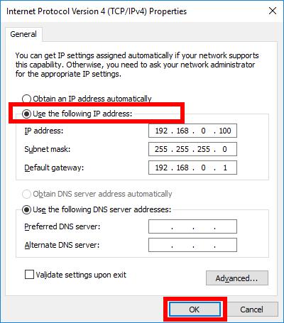 Select Use the following IP address and enter a Default gateway, Subnet mask and unique IP address for your