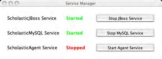 The Service Manager The Service Manager displays the status of the three Scholastic services on the SAM Server and allows those services to be stopped and restarted.