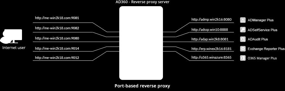 In a port-based reverse proxy, a unique port number and protocol are used to redirect requests to individual products.