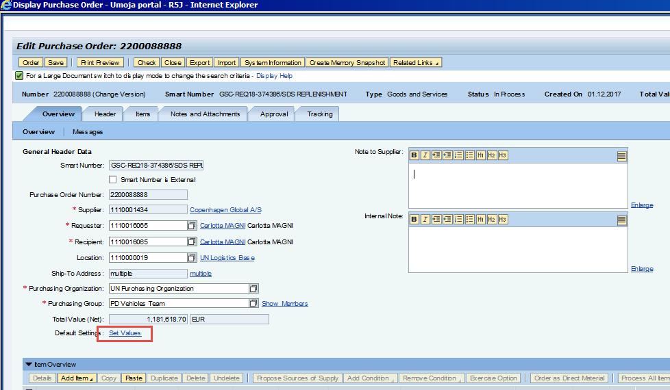 ii) Set Defaults for Purchase Order Lines Users can set item defaults Account Assignment and Delivery
