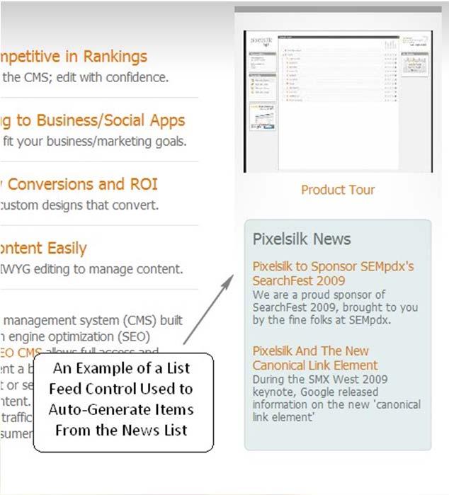 Controls: List Feed Definitions: A List Feed control brings dynamic items (news, events, photos, audio, video, blog posts, etc.