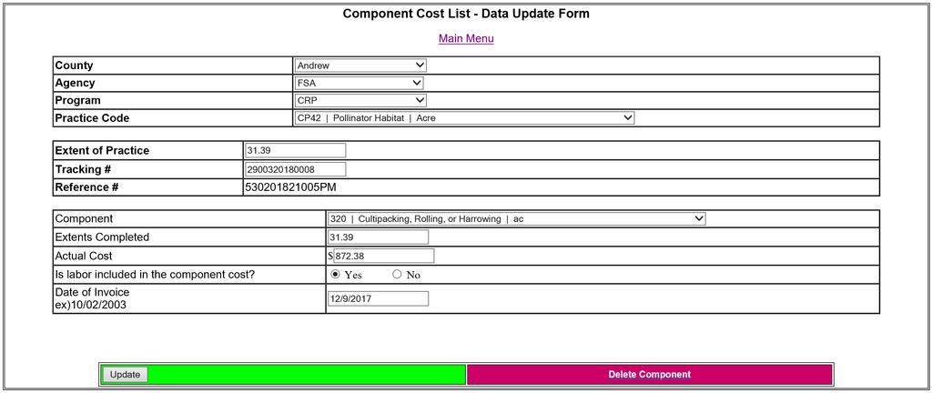 Query/Update Cost Data Entries Make edits needed to any field Use the Update button at the bottom of the page in the green area after