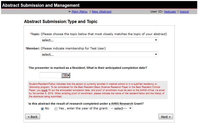 Part 5 Submitting a New Abstract Step 3 Topic Use the Topic pull-down menu to select the topic that most closely matches the topic of this abstract.
