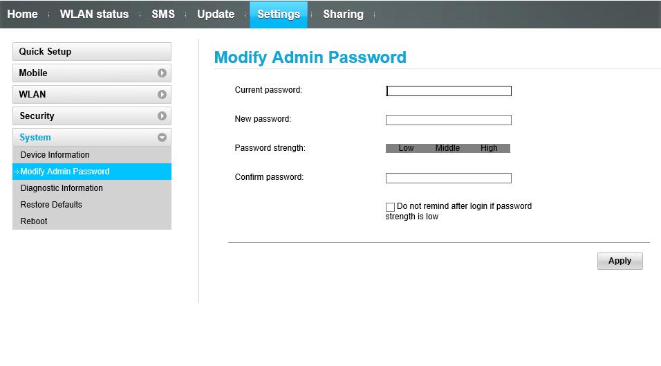 How to change Wi-Fi home page password Go to Settings Tab. Select System, then select Modify Admin Password.