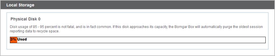 Storage Status: Disk space and Hard Drive Status The Status page displays the percentage of your BeyondTrust Appliance's hard drive space that is in use.