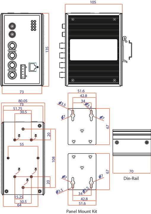 Mounting Dimensions (unit = mm) DIN-Rail Mounting The aluminum DIN-Rail attachment plate should already be attached to the back panel of the VPort 364 when you take it out of the box.
