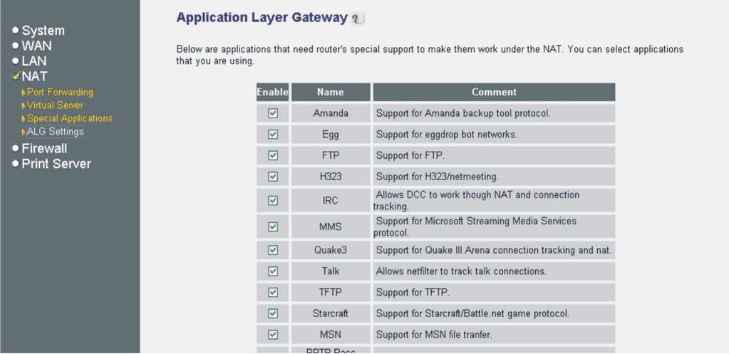 2.4.4 ALG Settings You can select applications that need Application Layer Gateway to support.
