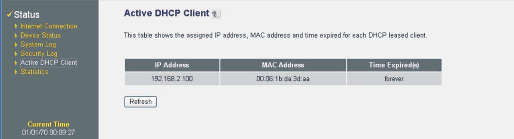 3.6 Active DHCP Client Table View your LAN client's information that is currently linked to the Broadband router's DHCP server Parameters DHCP